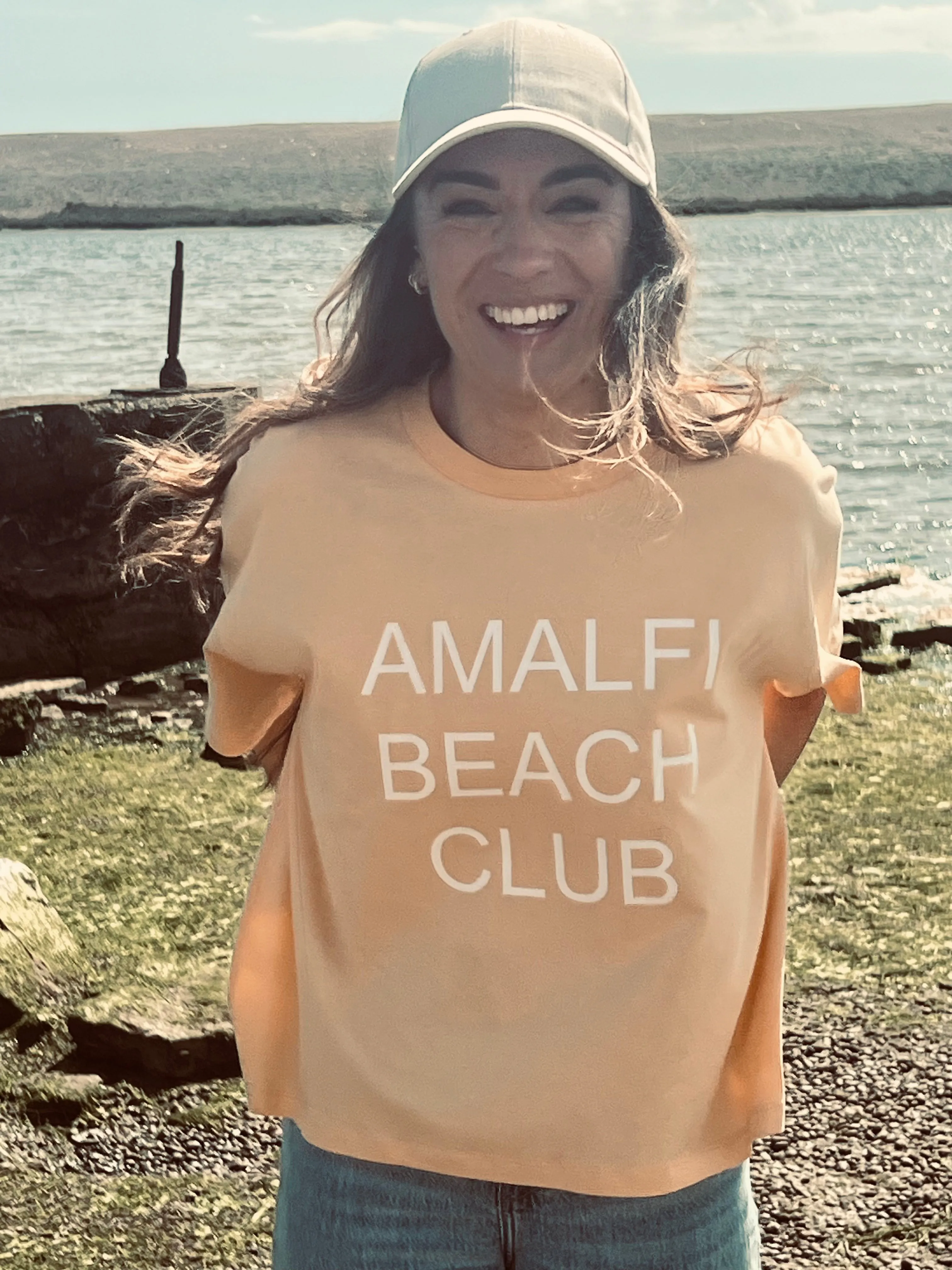 Amalfi Beach Club Slogan Boxy Fit Organic Cotton Peach Tee