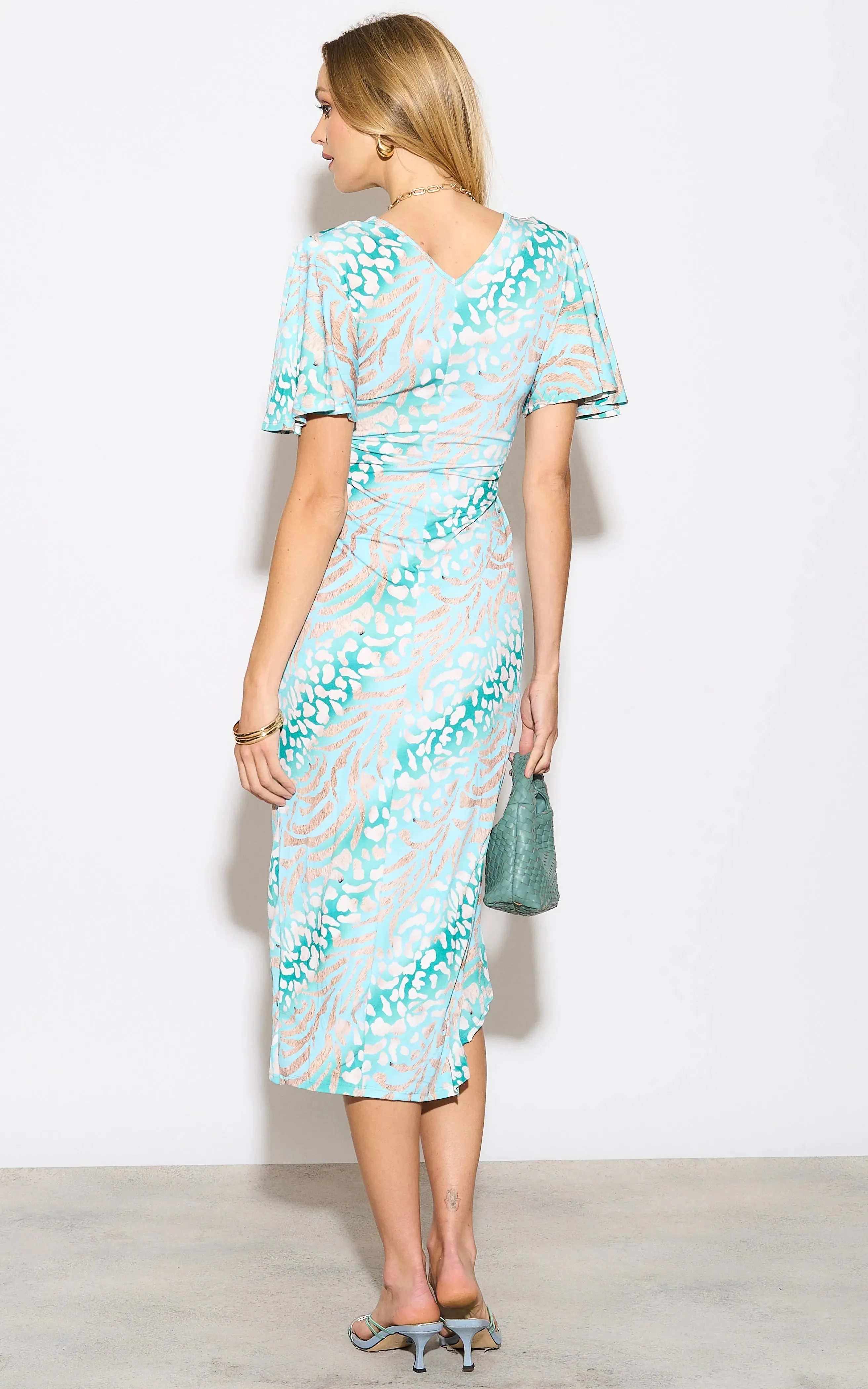 Angel Sleeve Wrap Style Midi Dress in Mint Animal print