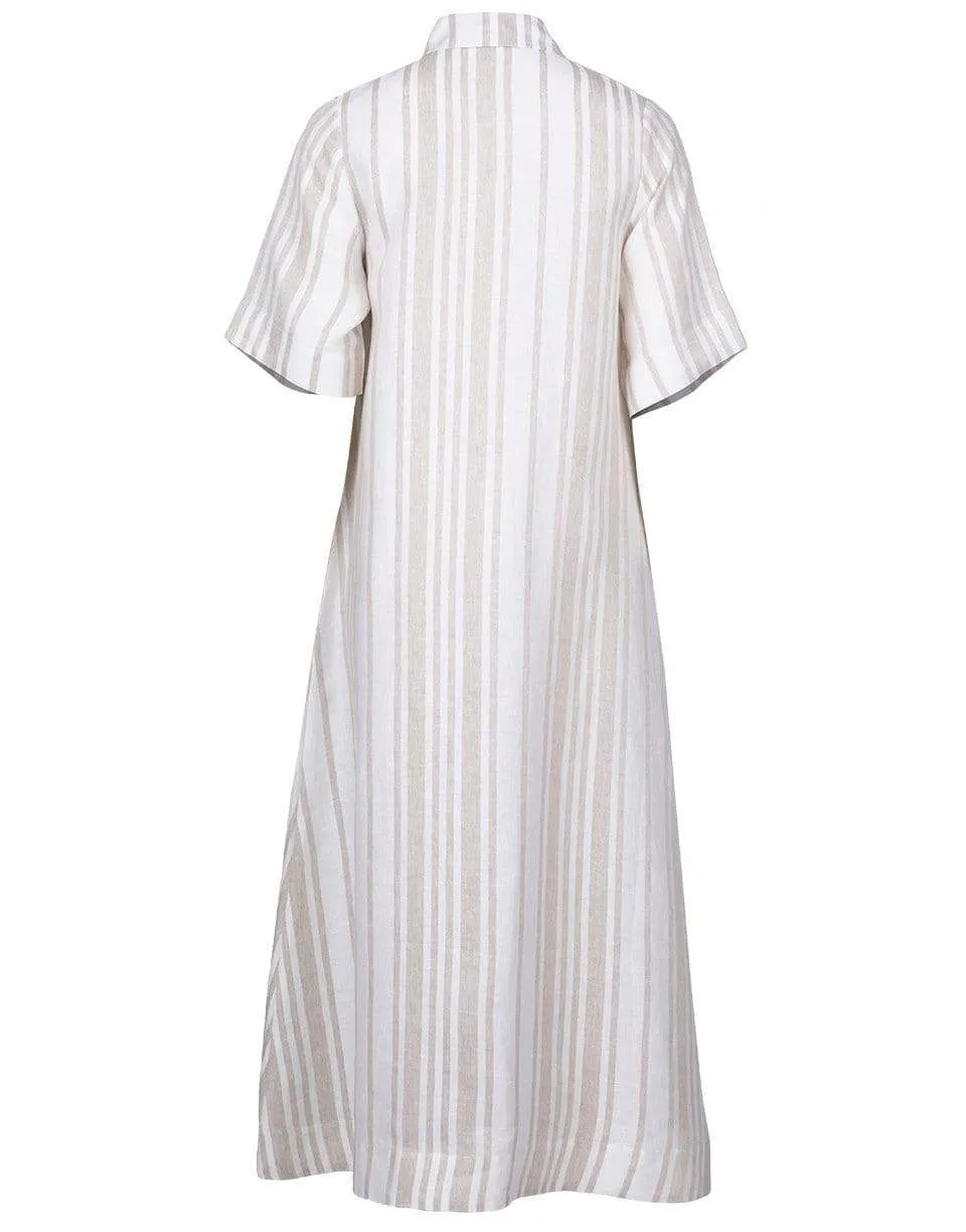 Asymmetrical Closure Linen Shirt Dress - Taupe Stripe
