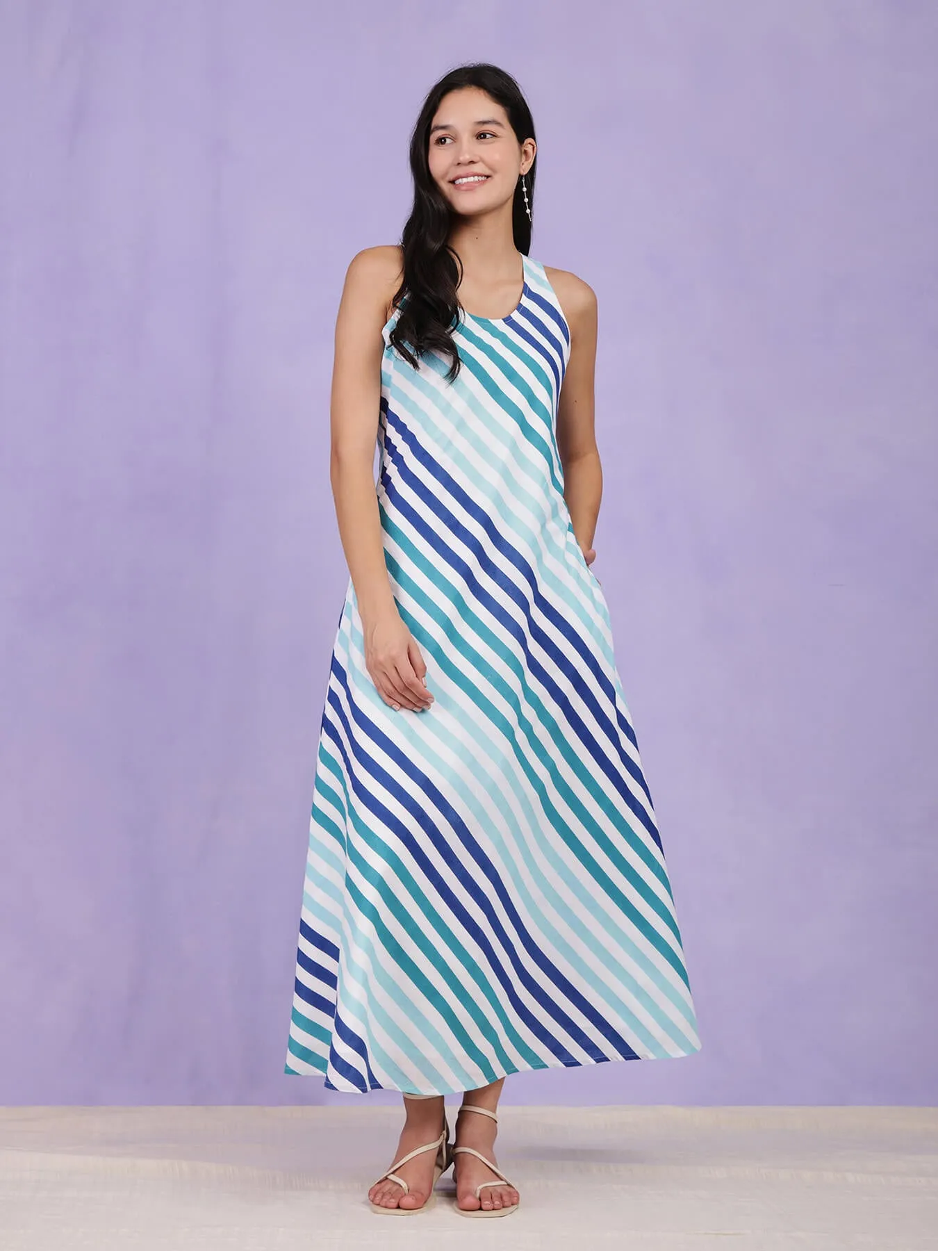Cotton Diagonal Striped Dress - Blue