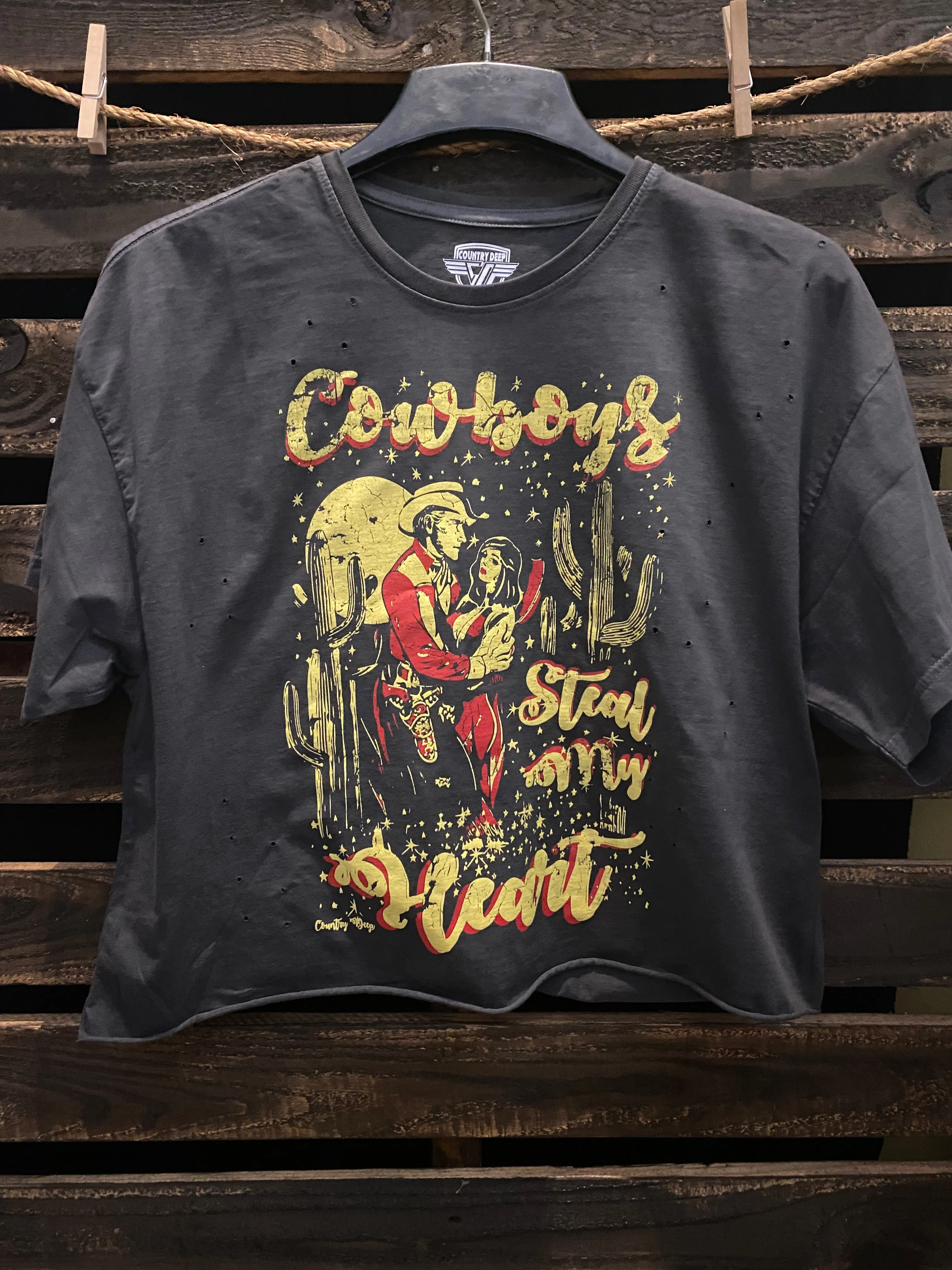 Cowboys Steal my Heart OVERSIZED 90's vibe distressed Cropped  T- shirt