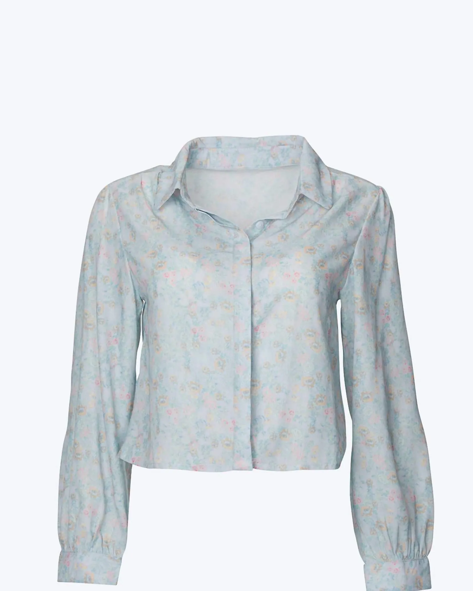 Cropped Floral-Print Pleated Chiffon Blouse in Pastel Floral | Pastel Floral
