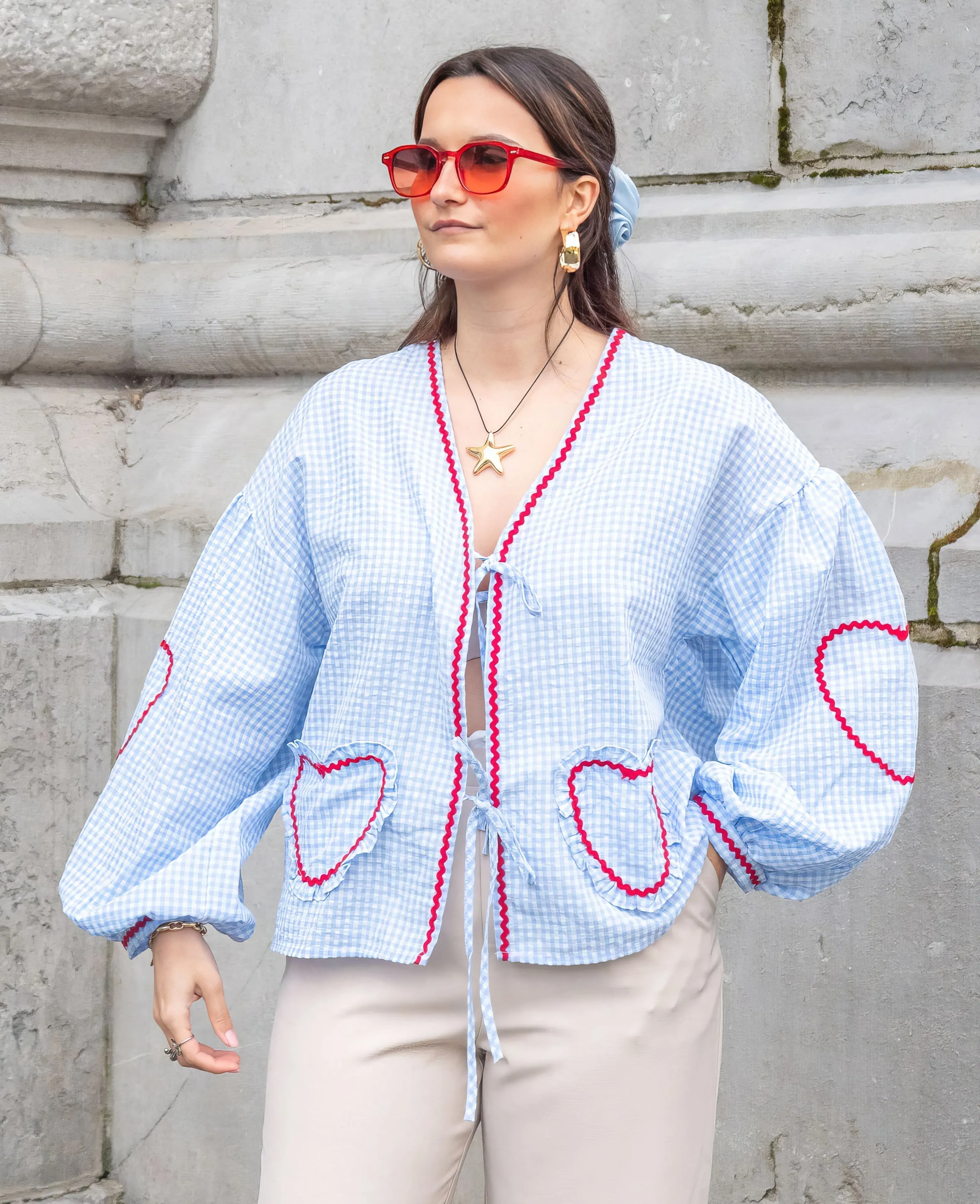 Elviraa | Oversized Plaid Blouse With Tie For Women