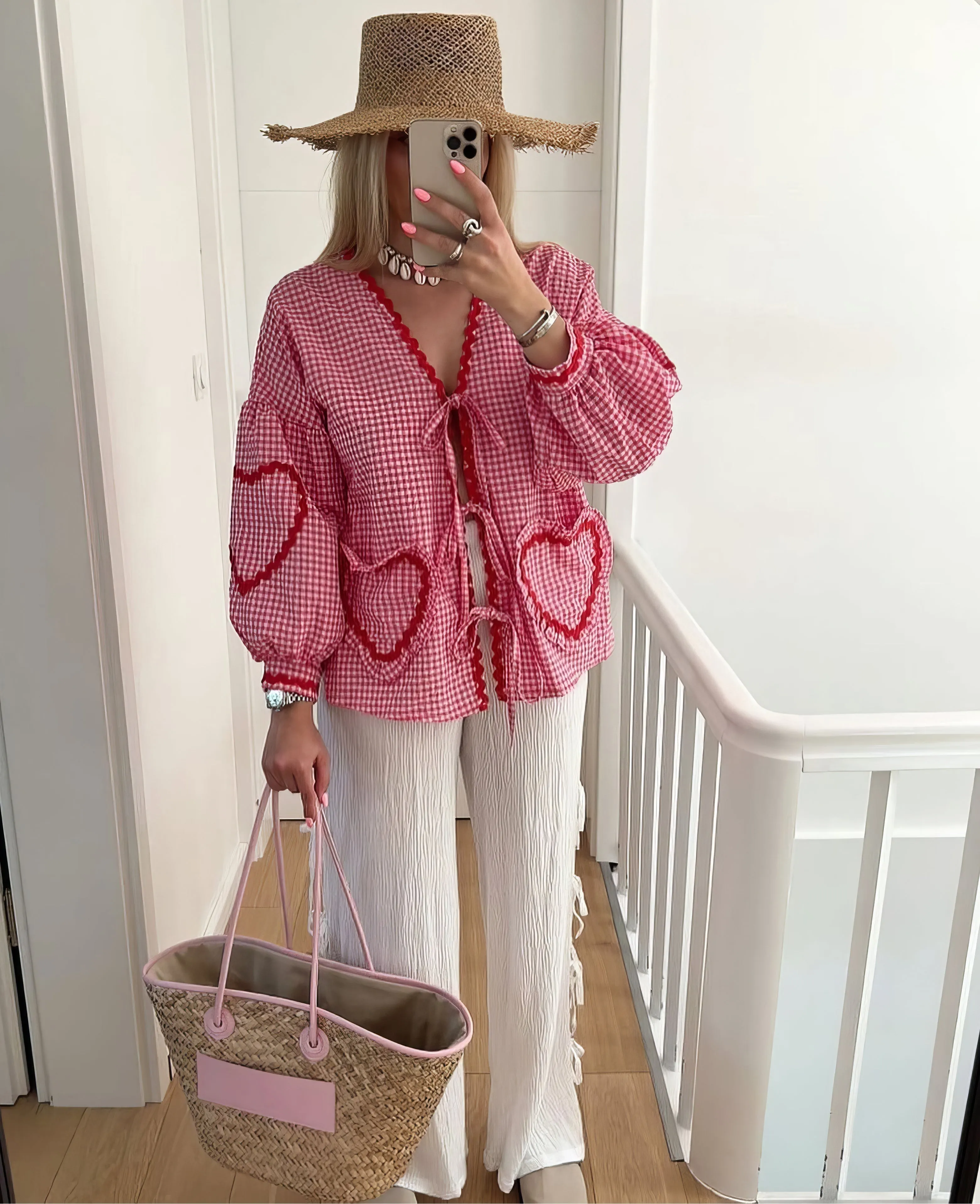 Elviraa | Oversized Plaid Blouse With Tie For Women