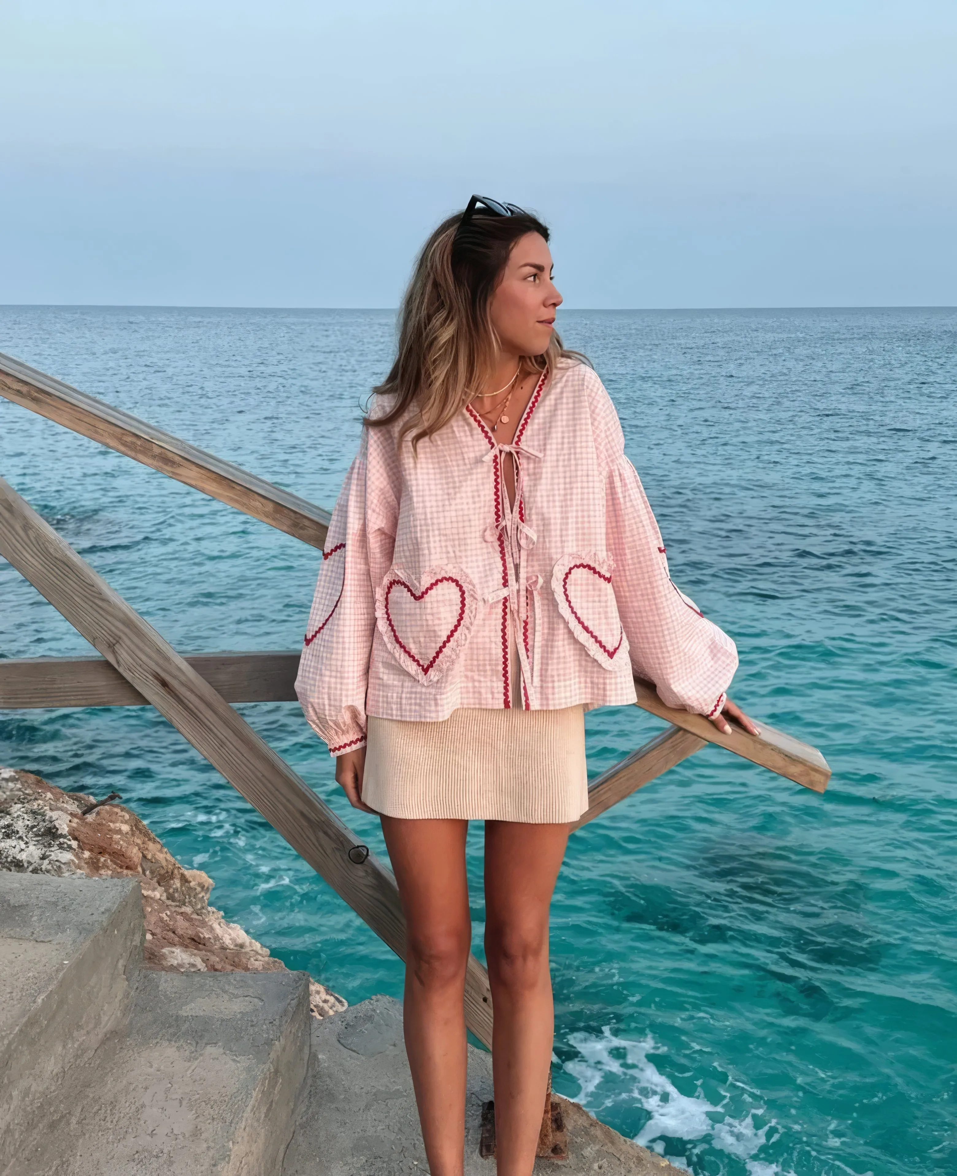 Elviraa | Oversized Plaid Blouse With Tie For Women