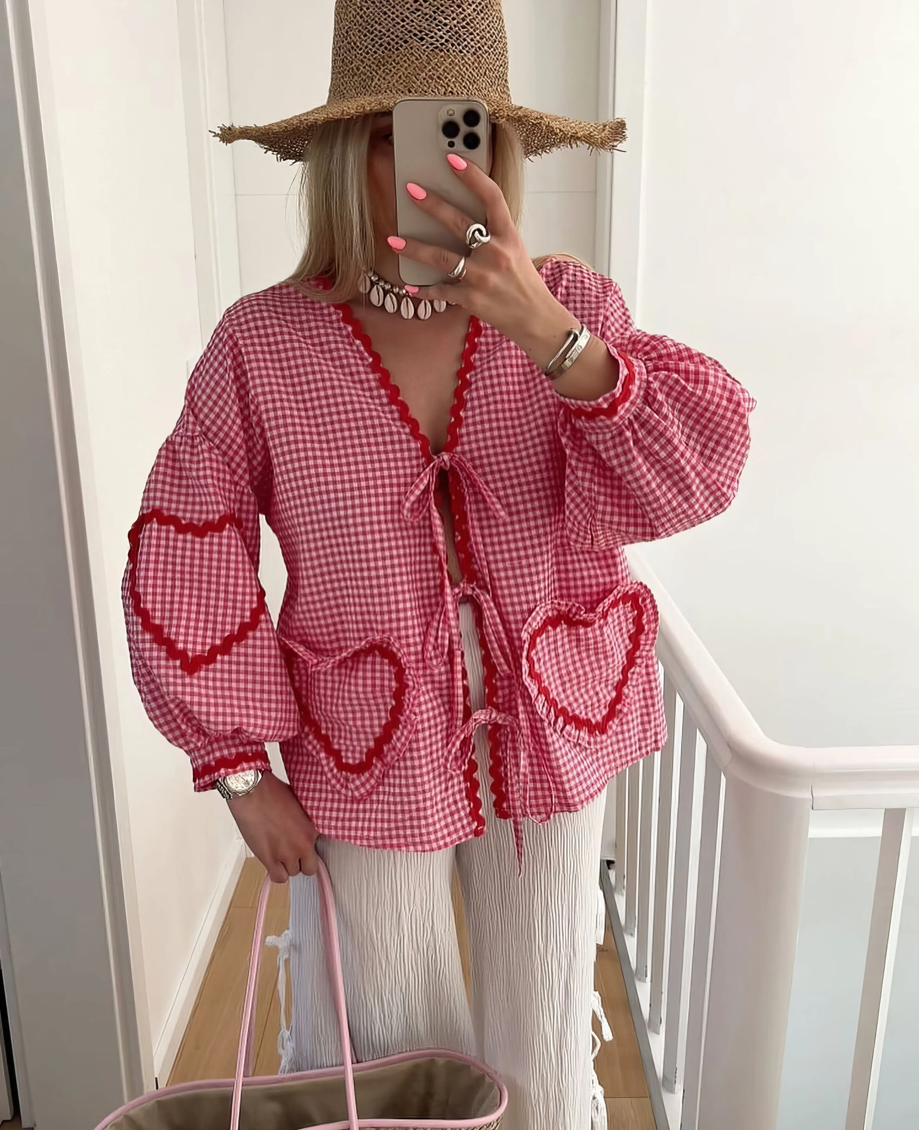 Elviraa | Oversized Plaid Blouse With Tie For Women