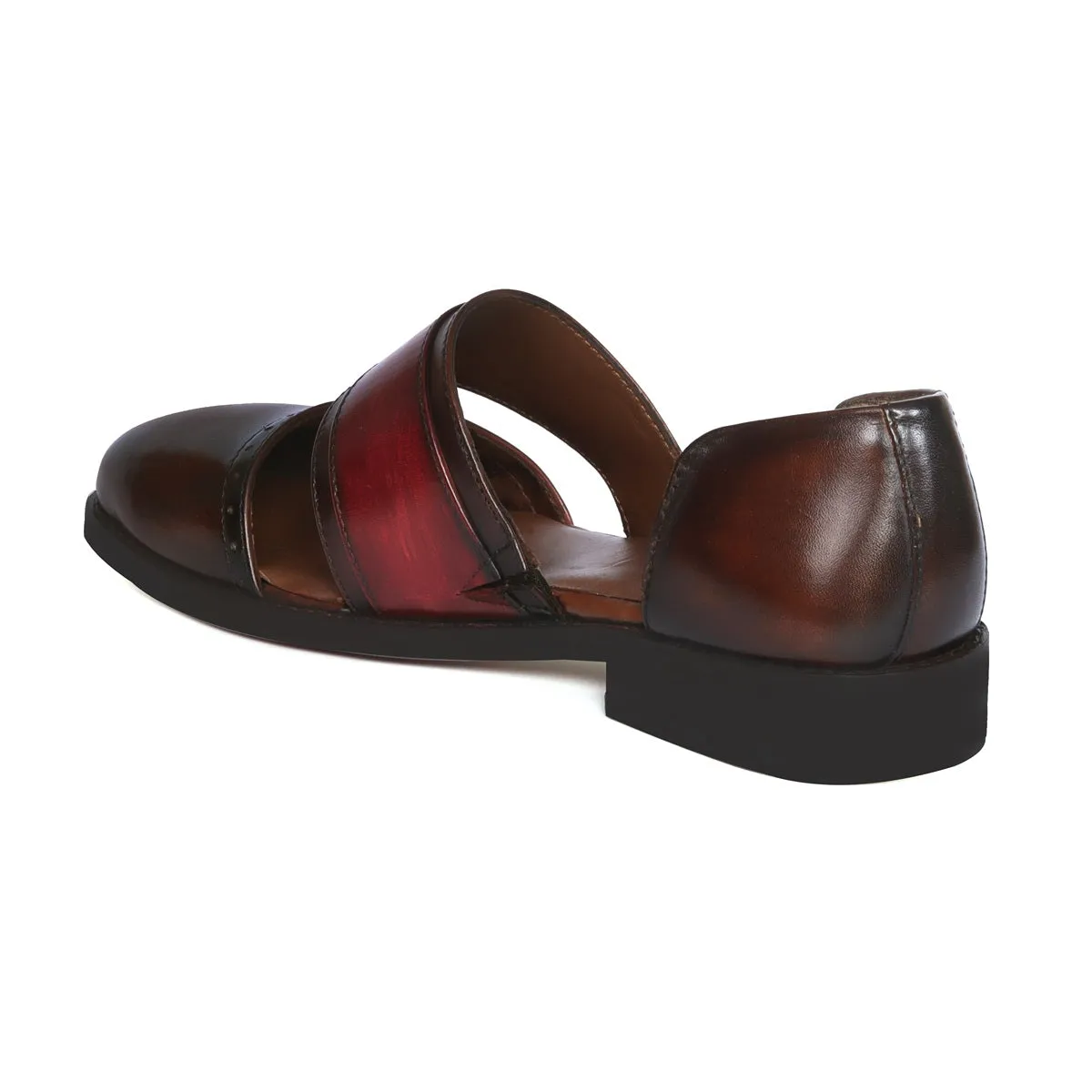 Ethnic Peshawari Sandals in Dark Brown & Red Genuine Leather