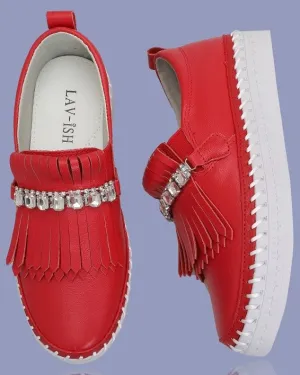 Fringe Detail Leather Loafer - Red