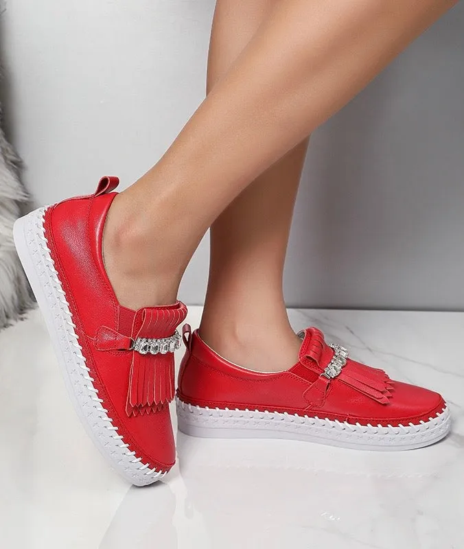 Fringe Detail Leather Loafer - Red