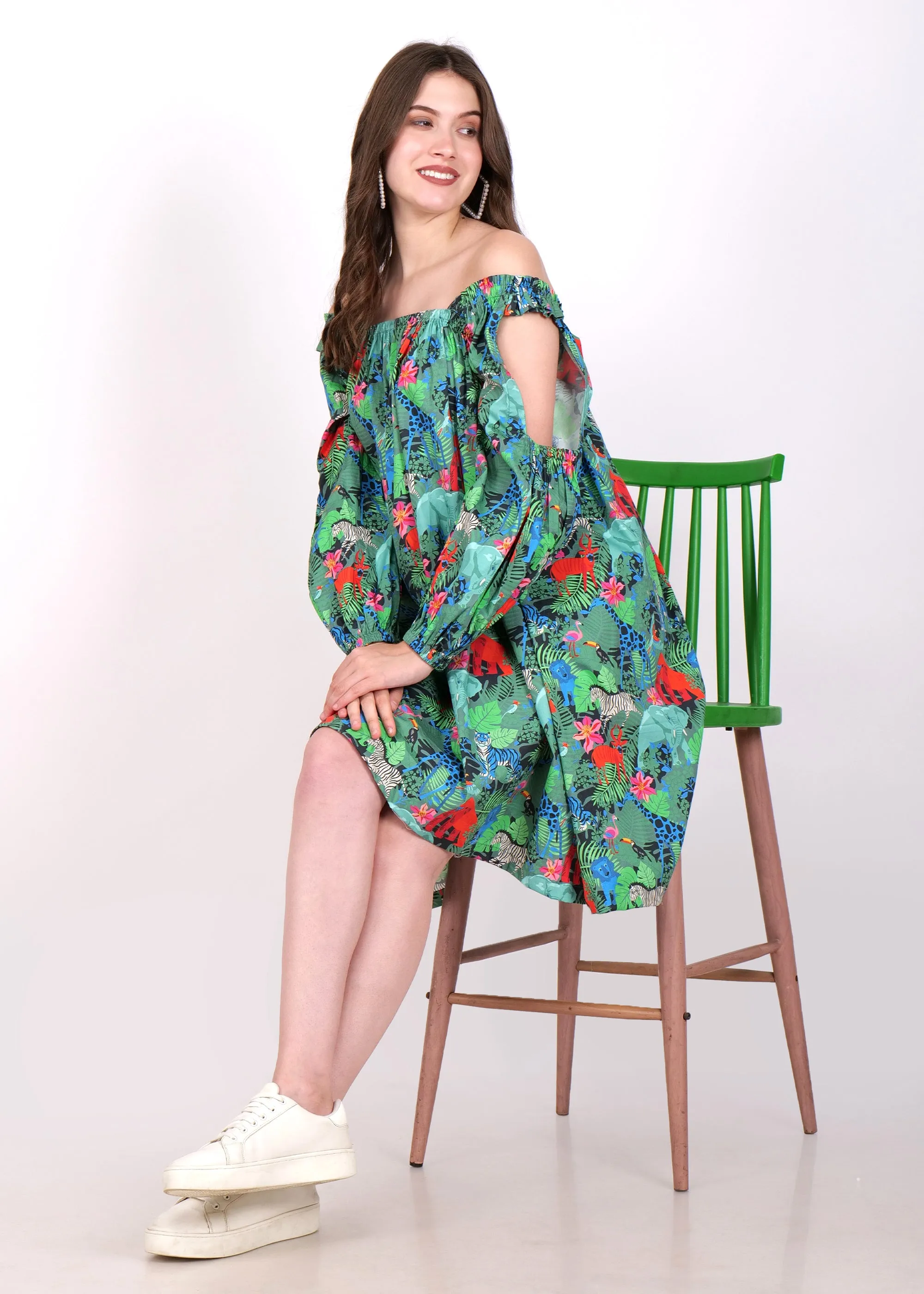 Jungle Safari Off-Shoulder Cotton Dress