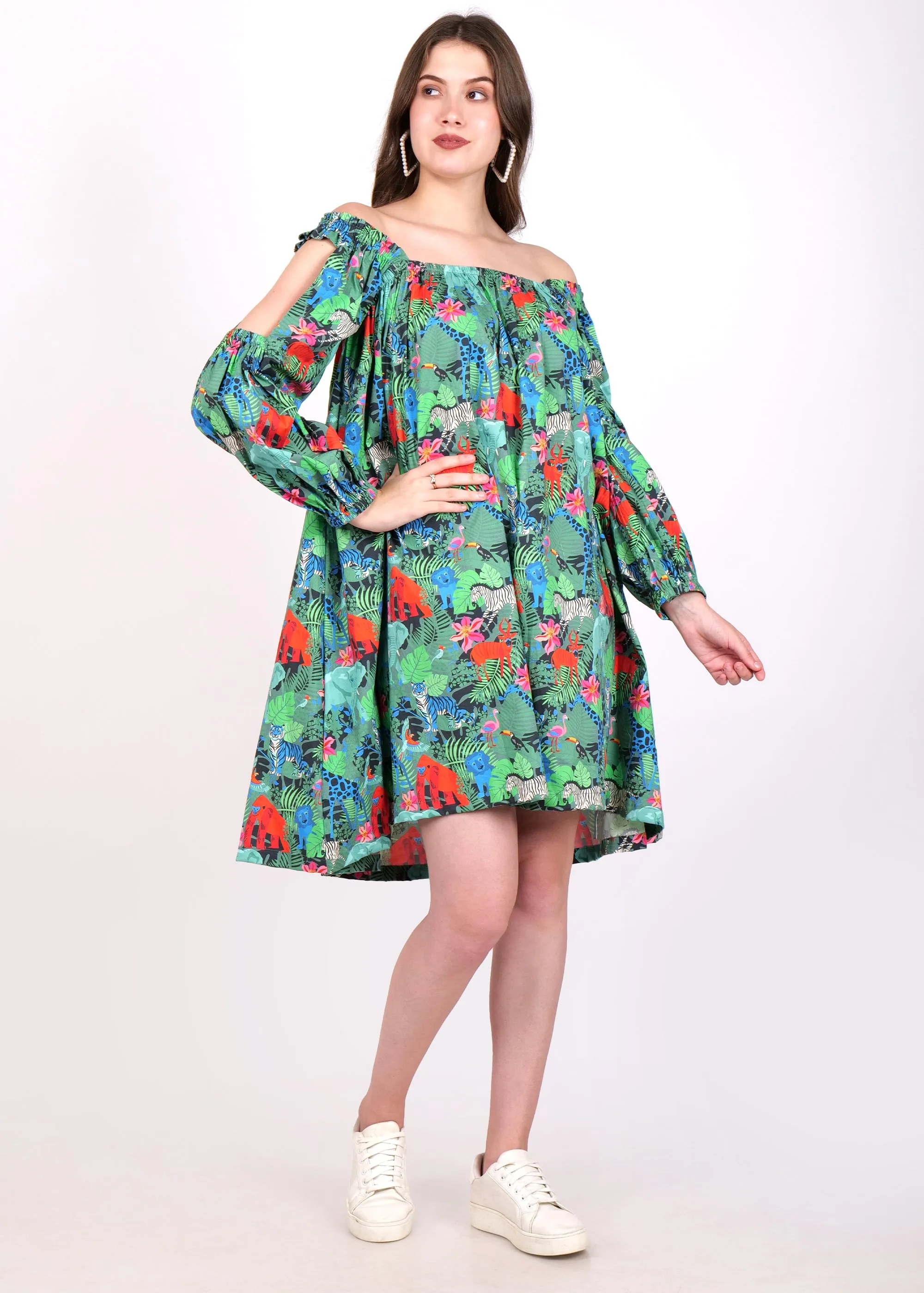 Jungle Safari Off-Shoulder Cotton Dress