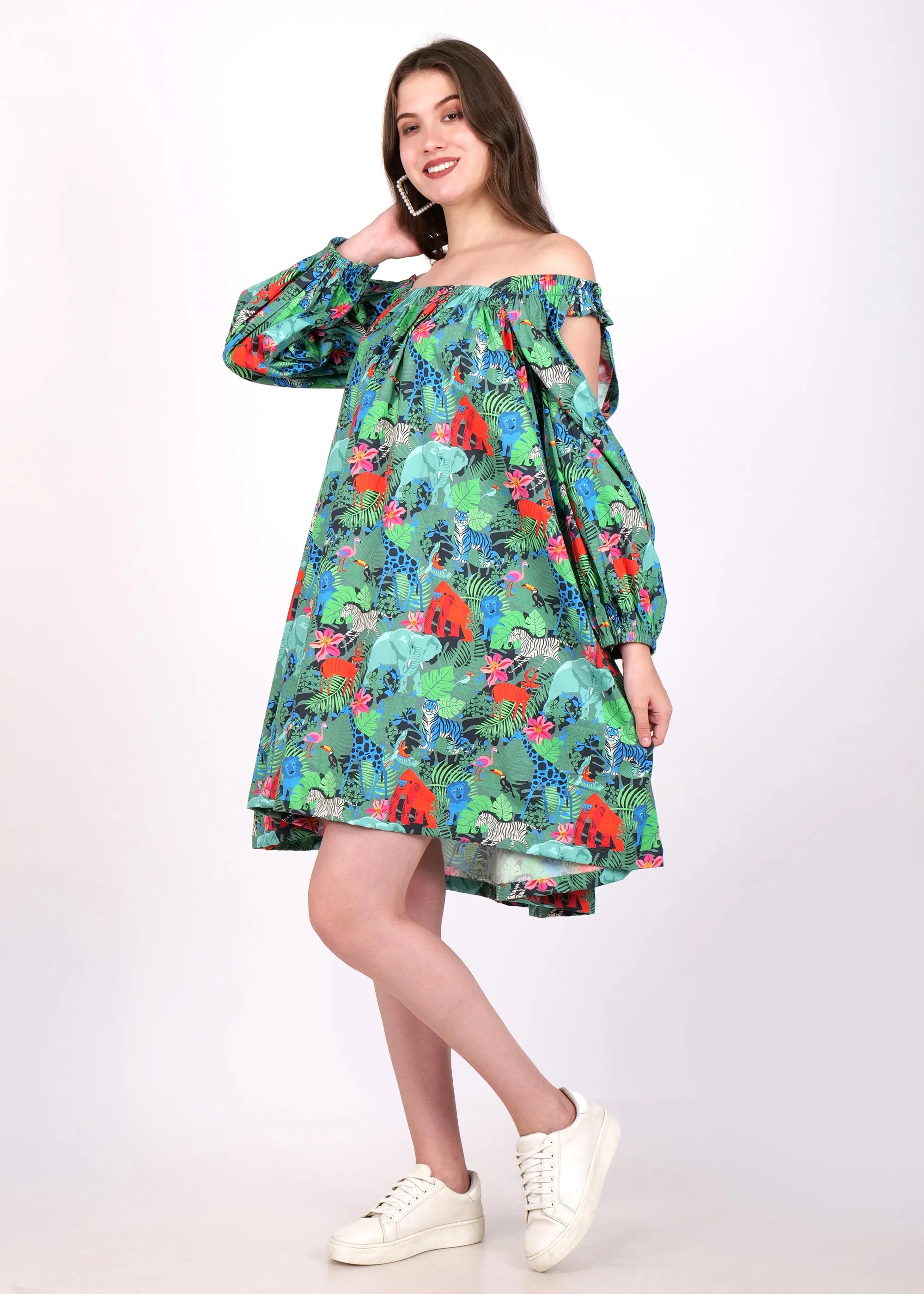 Jungle Safari Off-Shoulder Cotton Dress