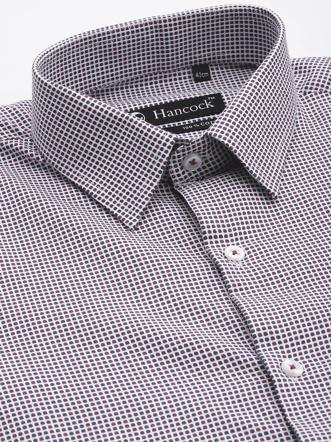 Men White & Maroon Solid Self Design Dobbys Pure Cotton Slim Fit Formal Shirt