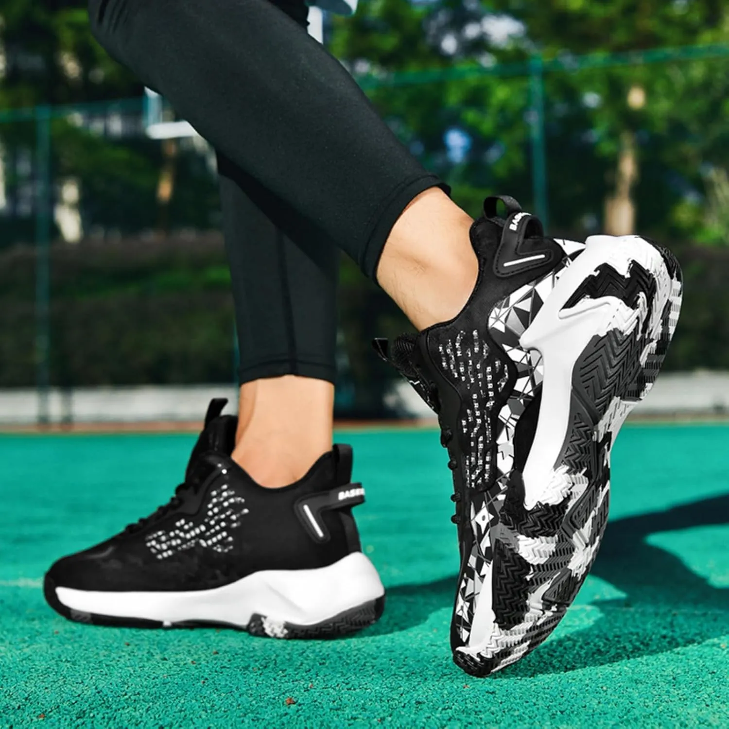 Mens Fashion High-Top Lace Up Leather Basketball Shoes Comfortable Non Slip Sneakers for Running Workout Training Athletic