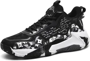 Mens Fashion High-Top Lace Up Leather Basketball Shoes Comfortable Non Slip Sneakers for Running Workout Training Athletic