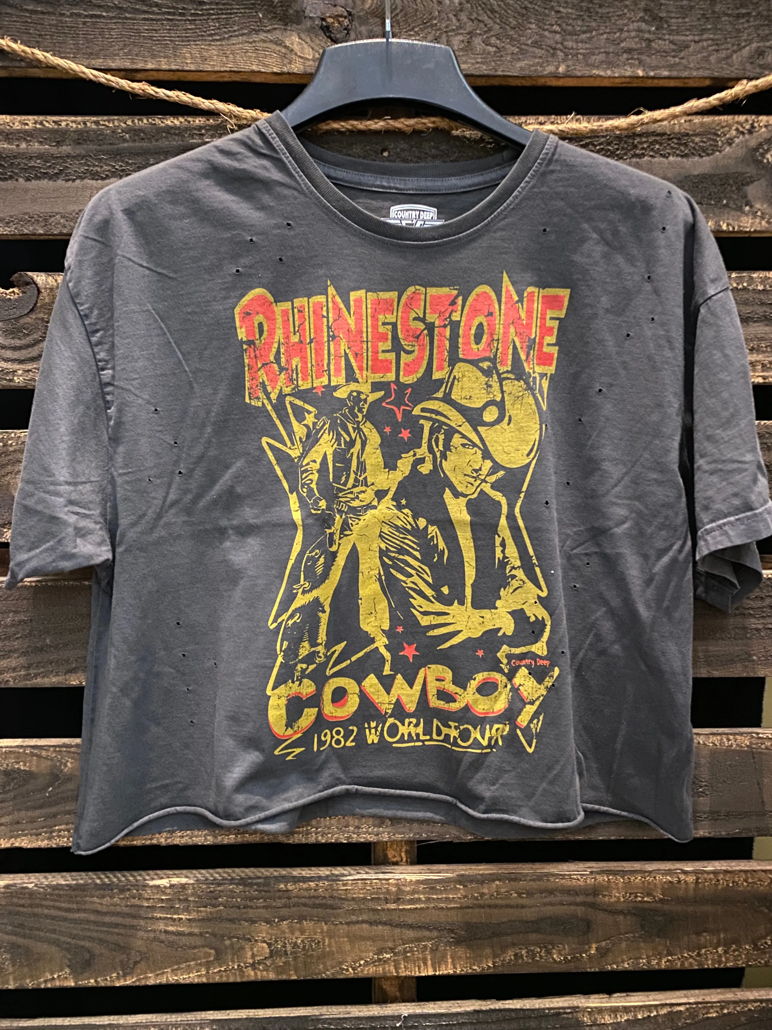 Rhinestone Cowboy OVERSIZED 1982 distressed Cropped  T- shirt