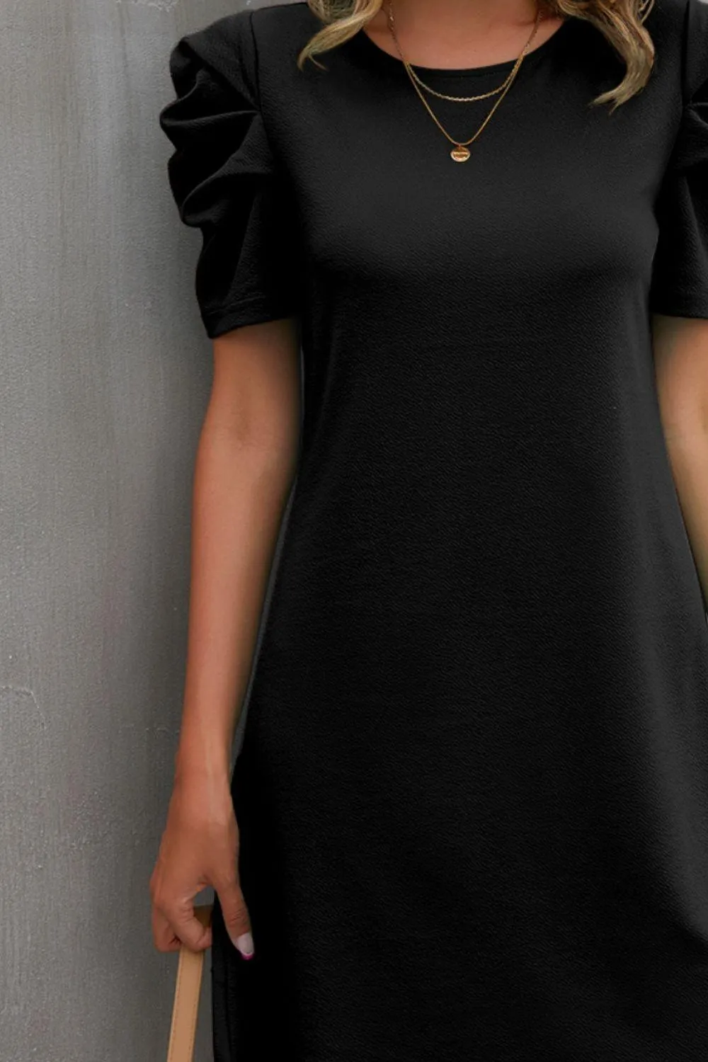 Sassy Crew Neck Puff Sleeve Shift Dress