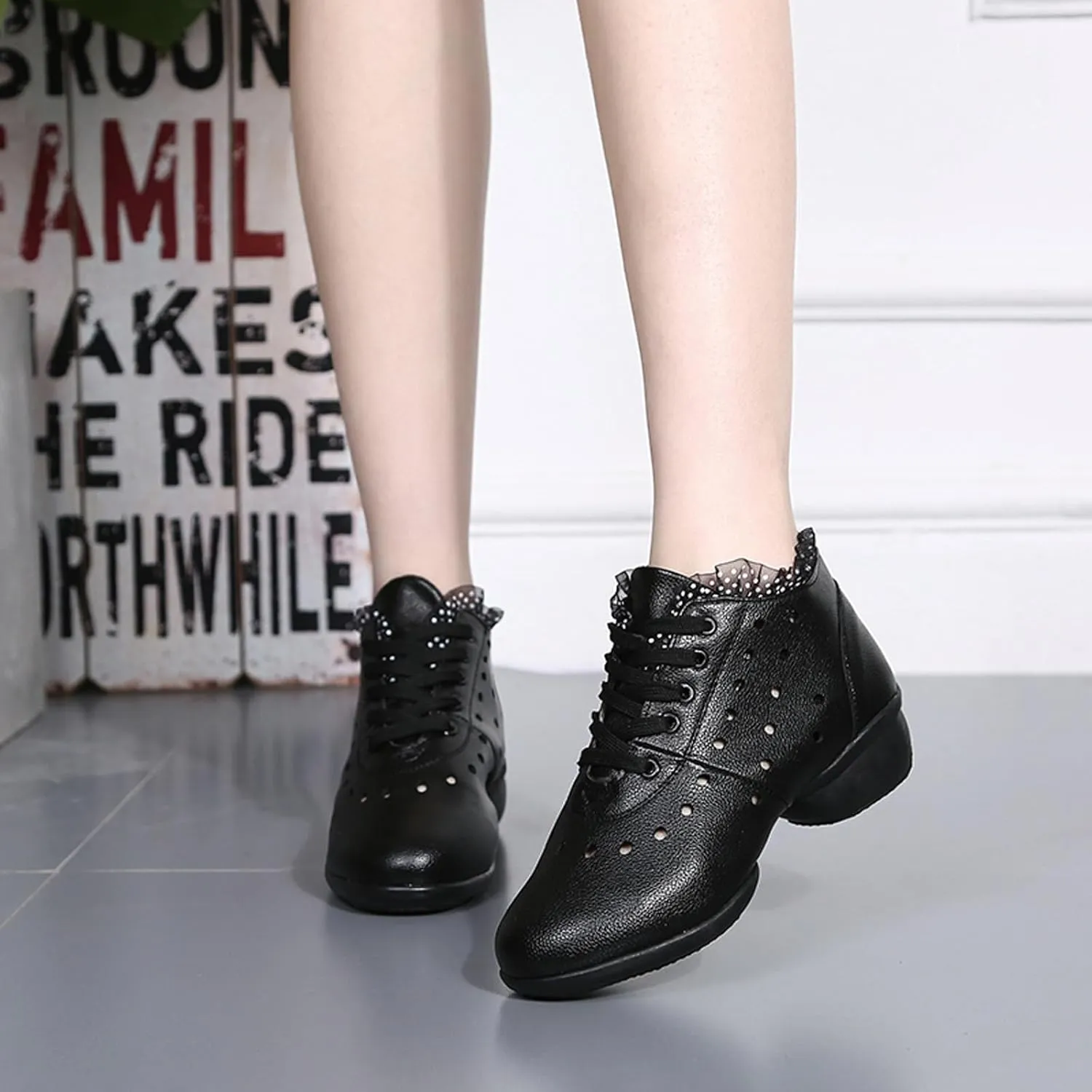 SWDZM Women's Jazz Shoes Lace-Up Dancing Walking Sneakers High Top Split Sole Modern Dance Shoes