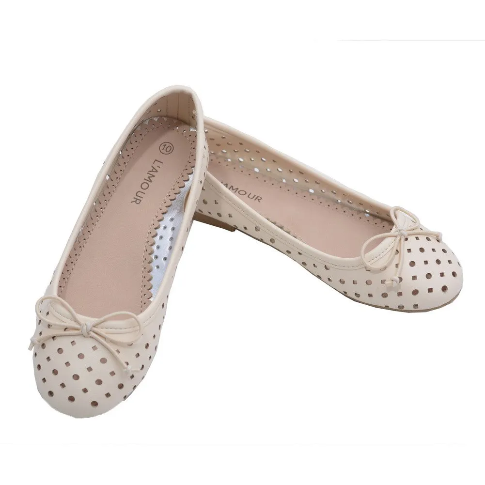 Toddler Girls Ecru Perforated Bow Ballet Flats 7-10 Toddler