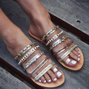 Toe-Loop Flats Slide Sandals With Rhinestone