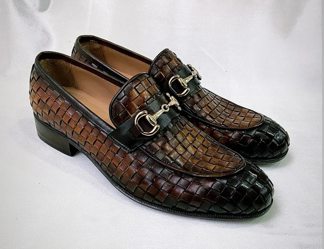 Tucci Di Lusso Mens Burnished Brown Chequeboard Woven Italian Leather Handmade Luxury Loafer Shoe