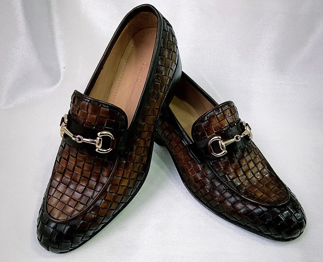 Tucci Di Lusso Mens Burnished Brown Chequeboard Woven Italian Leather Handmade Luxury Loafer Shoe