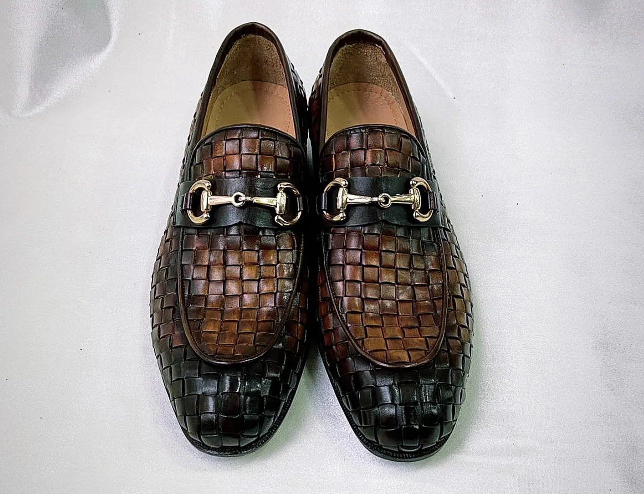 Tucci Di Lusso Mens Burnished Brown Chequeboard Woven Italian Leather Handmade Luxury Loafer Shoe