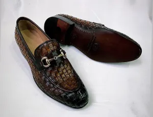Tucci Di Lusso Mens Burnished Brown Chequeboard Woven Italian Leather Handmade Luxury Loafer Shoe