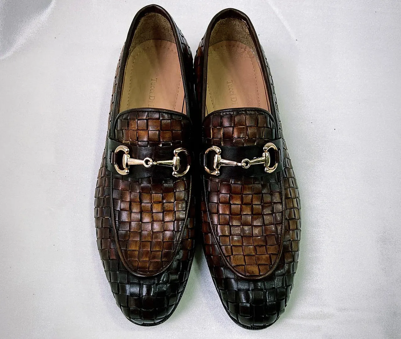 Tucci Di Lusso Mens Burnished Brown Chequeboard Woven Italian Leather Handmade Luxury Loafer Shoe