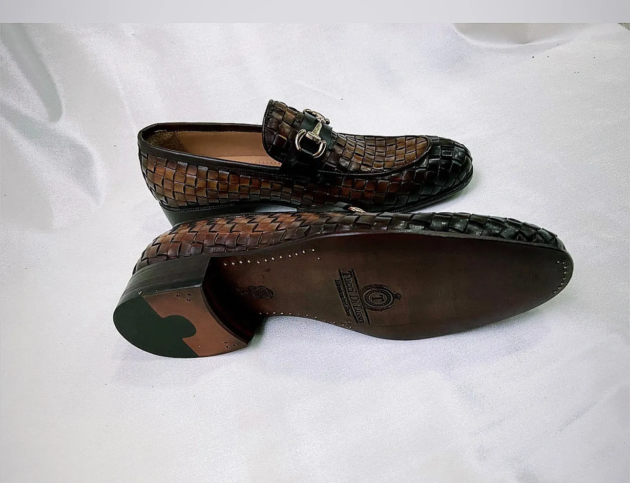 Tucci Di Lusso Mens Burnished Brown Chequeboard Woven Italian Leather Handmade Luxury Loafer Shoe