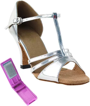 Very Fine Dance Shoes - Ladies Latin, Rhythm, Salsa Ballroom Dance Shoes - 1683-2.5-inch Heel and Foldable Brush Bundle - Silver Leather - 8