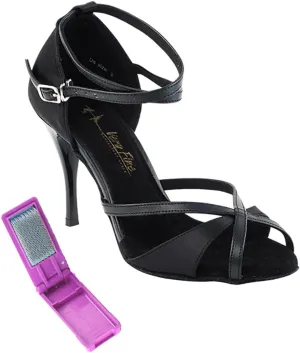 Very Fine Dance Shoes - Ladies Latin, Rhythm, Salsa, Waltz Ballroom Dance Shoes - 2829LEDSS - 3.5-inch Heel and Foldable Brush Bundle - Black Satin - Black Trim - 5