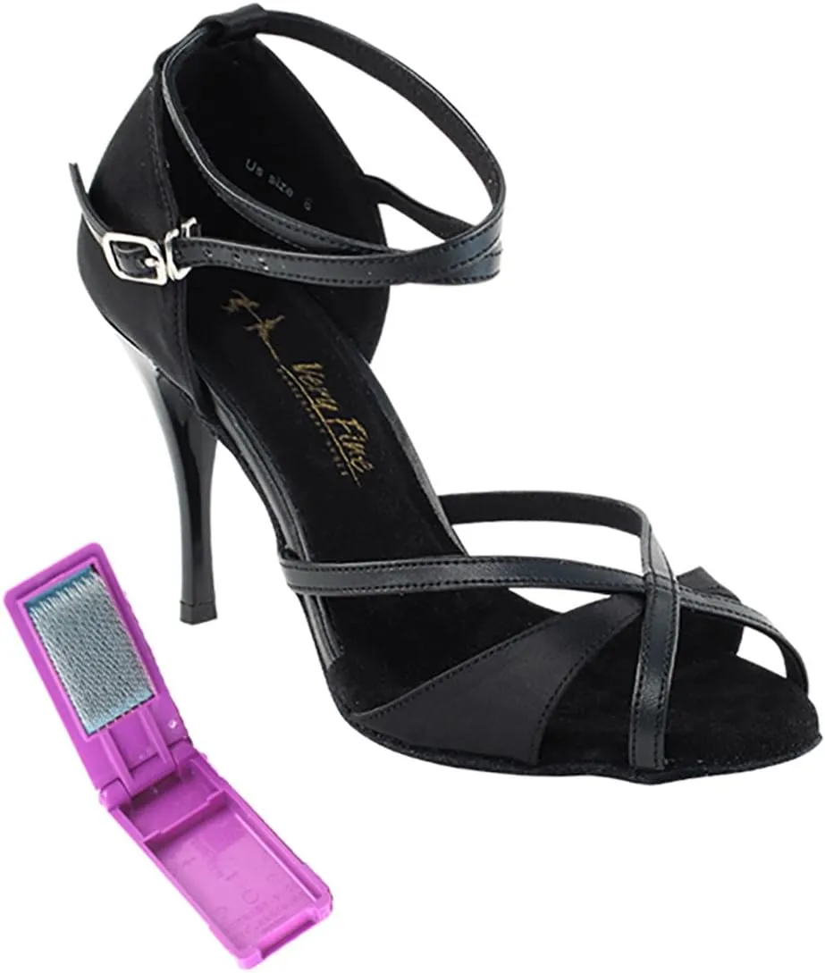 Very Fine Dance Shoes - Ladies Latin, Rhythm, Salsa, Waltz Ballroom Dance Shoes - 2829LEDSS - 3.5-inch Heel and Foldable Brush Bundle - Black Satin - Black Trim - 5