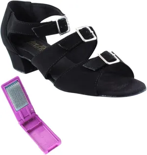 Very Fine Dance Shoes - Ladies Practice, Cuban Low Heel Ballroom Dance Shoes - 1679-1.5-inch Heel and Foldable Brush Bundle - Black Nubuck - 9