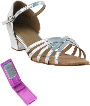 Very Fine Dance Shoes - Ladies Practice, Cuban Low Heel Ballroom Dance Shoes - 802-1.5-inch Heel and Foldable Brush Bundle - Silver Leather - 9