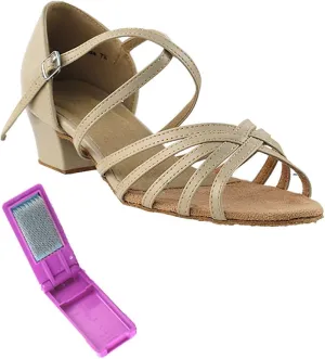 Very Fine Dance Shoes - Ladies Practice, Cuban Low Heel, Waltz Ballroom Dance Shoes - 1670C - 1.5-inch Heel and Foldable Brush Bundle - Tan Leather - 10