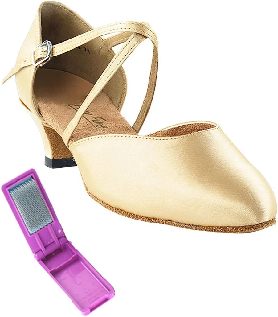 Very Fine Dance Shoes - Ladies Practice, Cuban Low Heel, Waltz Ballroom Dance Shoes - 9691-1.3-inch Heel and Foldable Brush Bundle - Light Brown Satin - 5.5