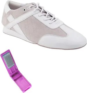 Very Fine Dance Shoes - Mens Latin, Rhythm Ballroom Dance Shoes - SERO106BBX - Flat Heel and Foldable Brush Bundle - Vintage White - 12.5