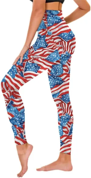 Women High Waist American Flag Leggings Funny Stripes Patriotic Tights Full-Length Workout Running Yoga Pants