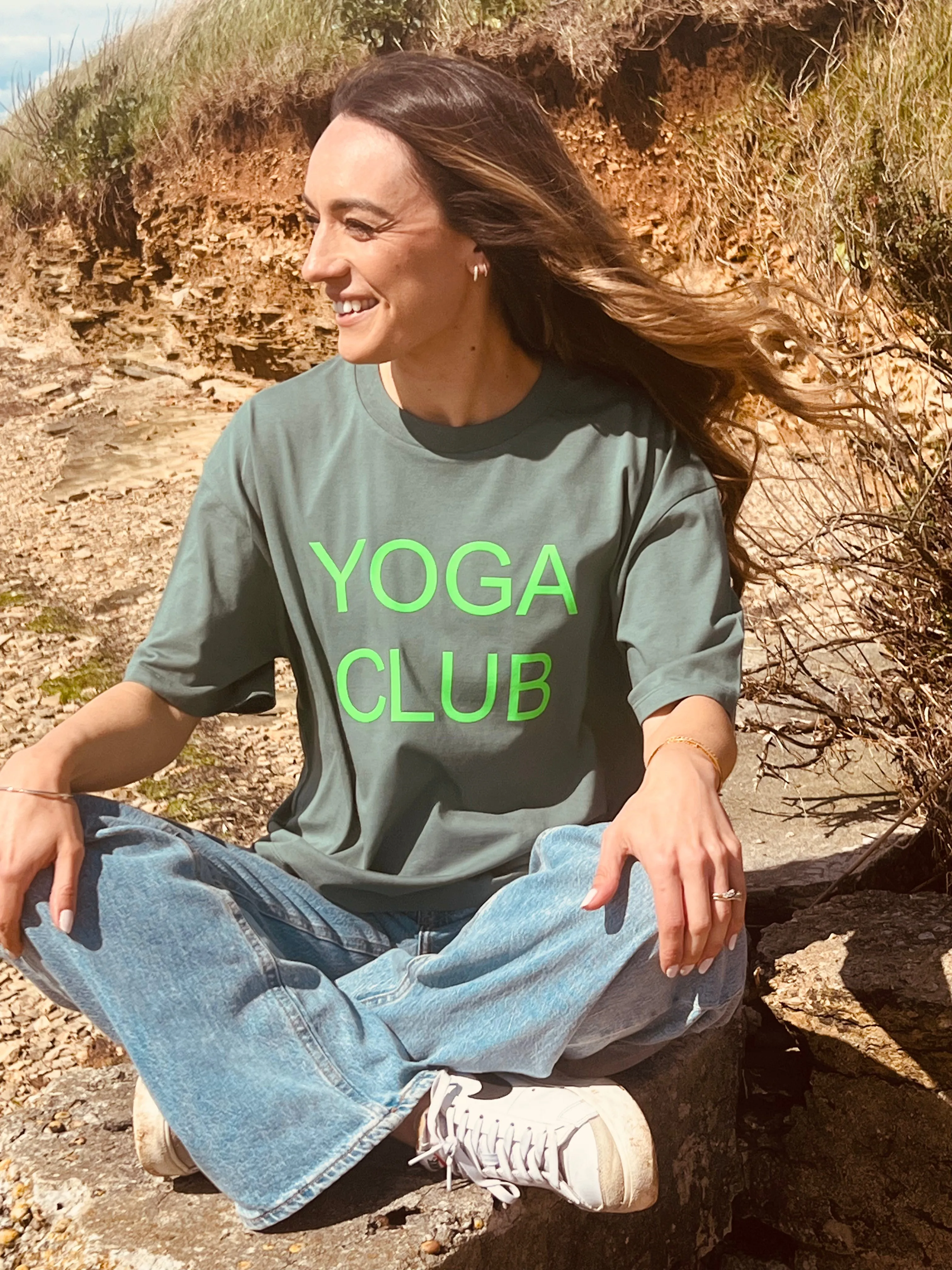 Yoga Club Boxy Fit Organic Cotton Tee - Sage Green  with a Neon Lime font.